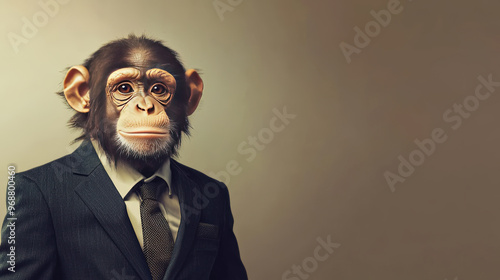 A monkey in business suit stands confidently against minimal background, showcasing unique blend of professionalism and playfulness. This intriguing image captures attention with its striking contrast photo