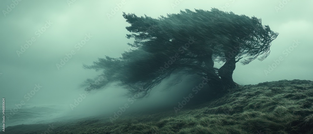Fototapeta premium A Lone Tree Bends in the Wind Amidst Fog and a Stormy Sea