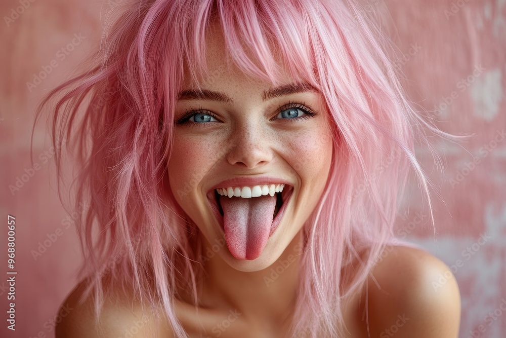 Young woman with pink hair sticking out her tongue and smiling Young woman with pink hair sticking out her tongue and smiling