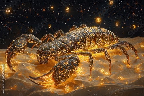 Enchanting golden scorpion like creature glowing in the dark night sky photo