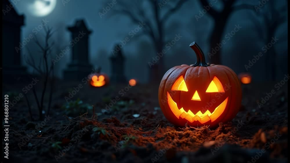 A Jack O lantern on the soil of a creepy cemetery at night, copy space on a side - Halloween A Jack O lantern on the soil of a creepy cemetery at night, copy space on a side - Halloween