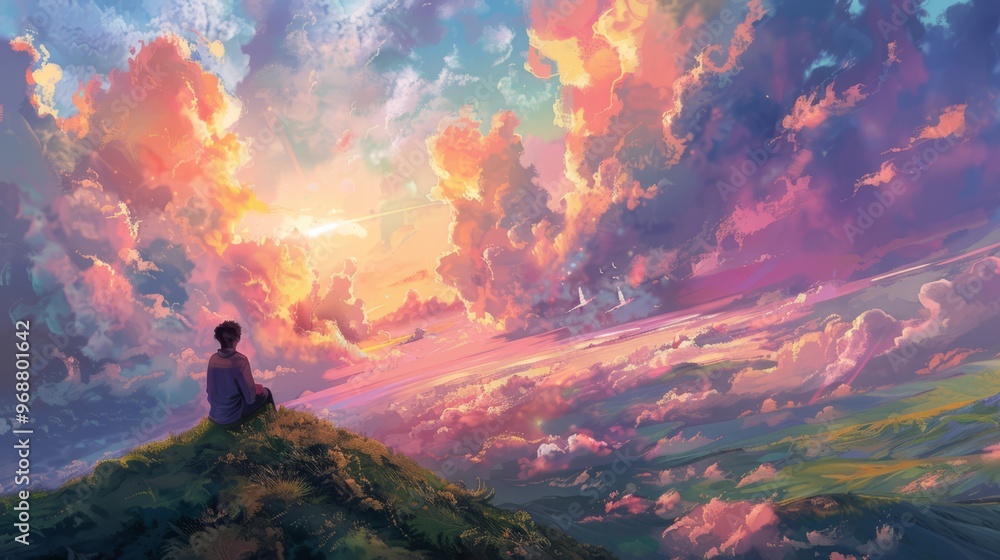 a painter was sitting on the edge of green hills looking at the colorful evening sky with wavy clouds and sunlight creeping between the gaps in the clouds. a painter was sitting on the edge of green hills looking at the colorful evening sky with wavy clouds and sunlight creeping between the gaps in the clouds.