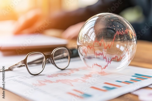 A clear glass sphere on financial documents with graphs, symbolizing analysis and prediction in business and finance. photo