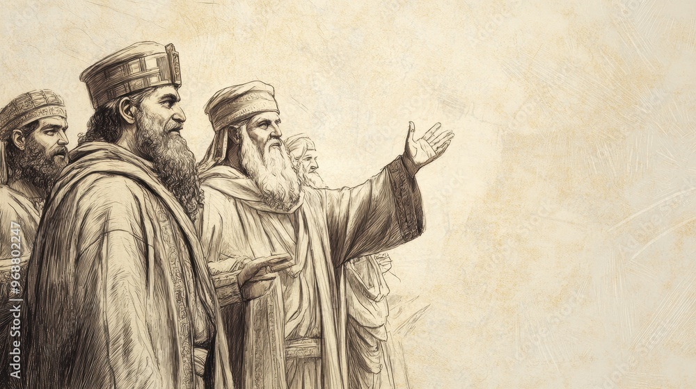 Fototapeta premium Othniel, Ehud, and Shamgar, Othniel Greeted with Joy and Gratitude by Israelites after Defeating King of Aram, Biblical Illustration, Bible Wall Art on Beige Background