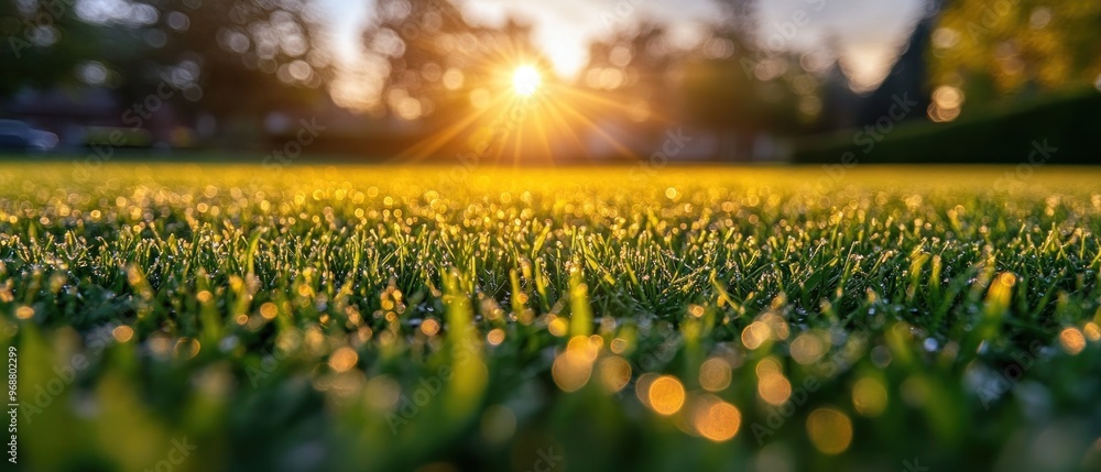 Obraz premium Close-Up of Dew-Covered Grass with a Blurry Sunlit Background