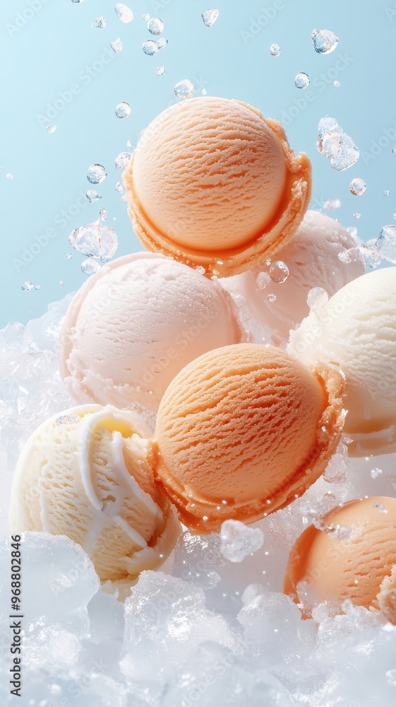 Colorful ice cream scoops on crushed ice, close-up photorealistic image. Colorful ice cream scoops on crushed ice, close-up photorealistic image.