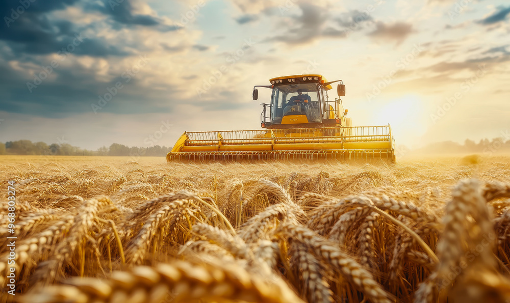 Wheat field at harvest with sunlight, golden stalks, and a distant harvester in the background Wheat field at harvest with sunlight, golden stalks, and a distant harvester in the background