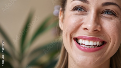 A photo of a young and beautiful women with wide and confident smile, a best picture of a lady showing her white teeth for dental banner purpose.