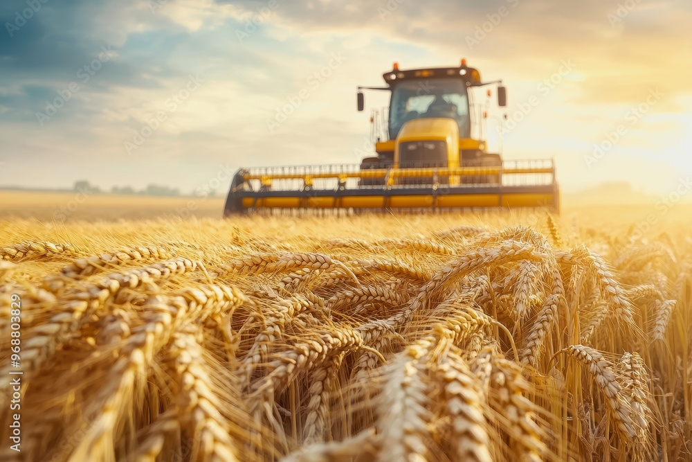 Obraz premium Wheat field at harvest with sunlight, golden stalks, and a distant harvester in the background