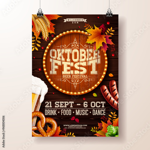 Oktoberfest Party Flyer Illustration with Fresh Lager Beer, Barrel, Sausage, Pretzel, Hop and Autumn Leaves on Dark Brown Background. Vector Traditional German Beer Festival Celebration Poster