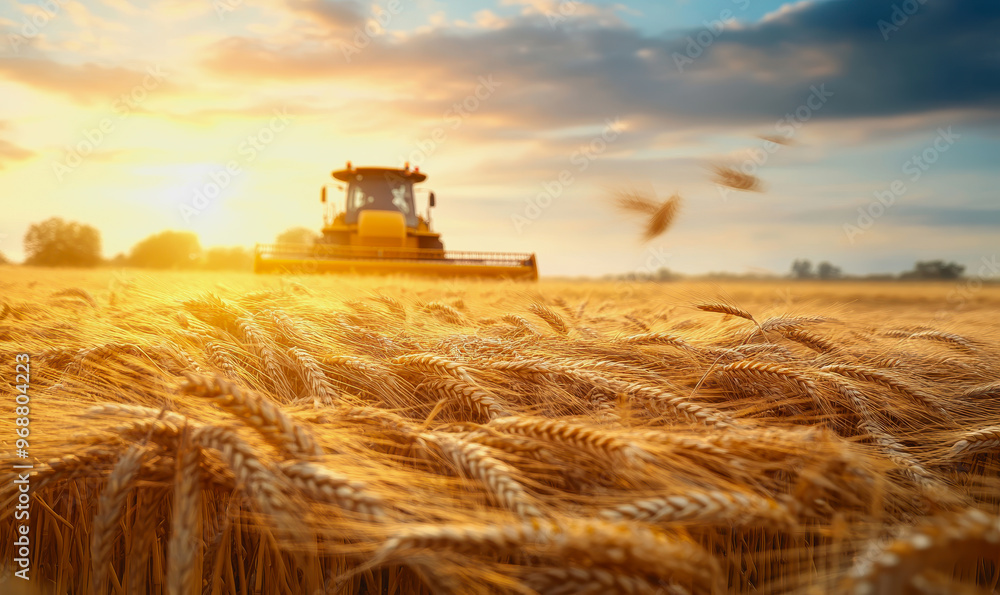Fototapeta premium Wheat field at harvest with sunlight, golden stalks, and a distant harvester in the background