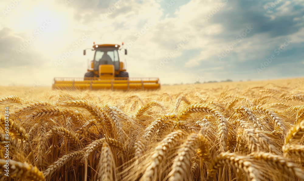 Fototapeta premium Wheat field at harvest with sunlight, golden stalks, and a distant harvester in the background