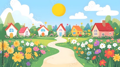 Village with flowers, clipart style, cottages with colorful gardens, winding path lined with flowers, clear blue sky, soft sunlight, cheerful and lively mood, flat design, bright and pastel colors