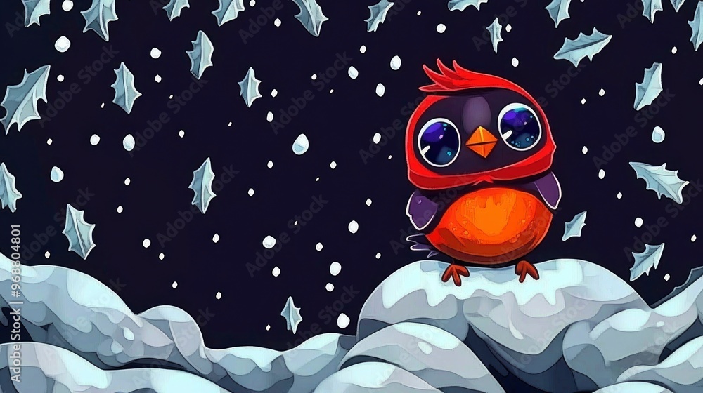 Fototapeta premium Cute Cartoon Robin in Winter Wonderland
