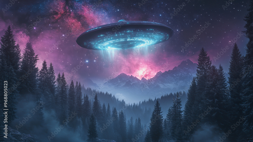 UFO over misty forest, starry sky, nebula, and mountains create a cosmic, mysterious atmosphere UFO over misty forest, starry sky, nebula, and mountains create a cosmic, mysterious atmosphere