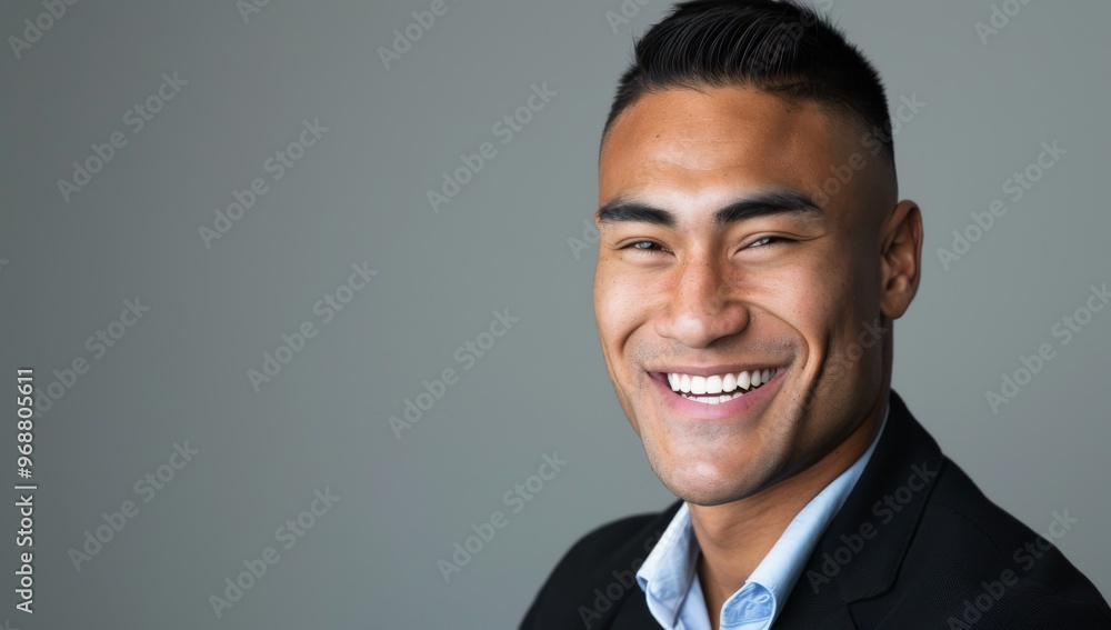 Attractive, smiling young Maori man with short hair in business attire, looking at the camera against a gray background. Attractive, smiling young Maori man with short hair in business attire, looking at the camera against a gray background.