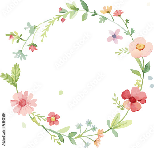 Watercolor floral wreath with tiny cute flower. Abstract round frame with flowers and leaves