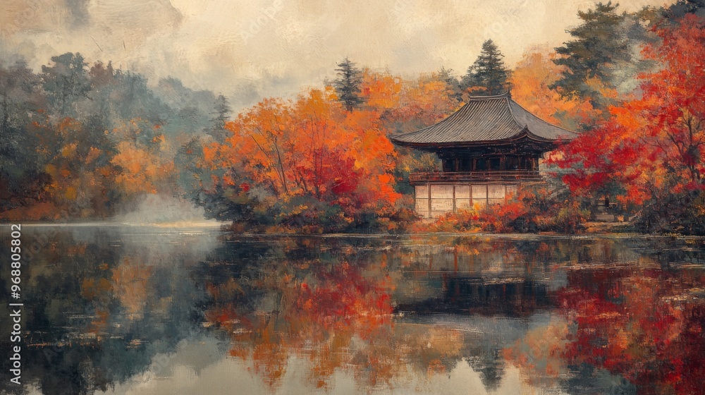 Obraz premium Autumnal Landscape with a Pagoda by a Lake