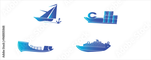 Set of ship vector logo, icon. Stock illustration. 