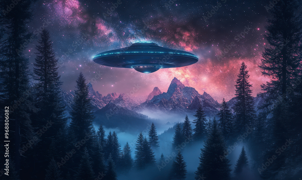 UFO over misty forest, starry sky, nebula, and mountains create a cosmic, mysterious atmosphere UFO over misty forest, starry sky, nebula, and mountains create a cosmic, mysterious atmosphere