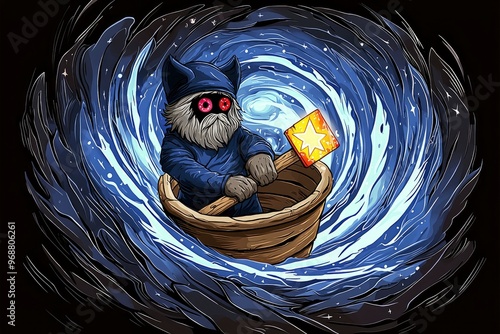 Character in Boat Navigating Through a Whirlwind of Stars