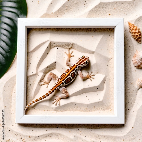 Frame on sand with gecko. Summer background