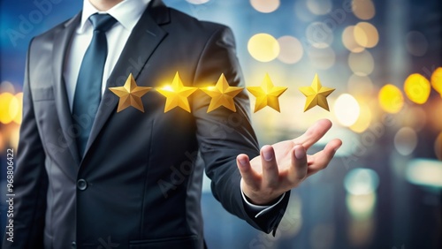 Businessman hand holding five stars on many lights background. Businessman hand holding five stars. Rating 5 golden stars. Feedback, reputation and quality concept. Hand holding five star rating