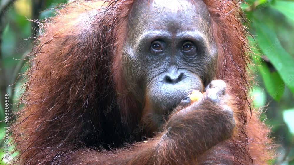 Baby orangutan clings to her mother as she eats. Baby orangutan clings to her mother as she eats.