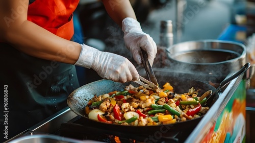 A street food vendor preparing a unique fusion dish on a colorful food truck