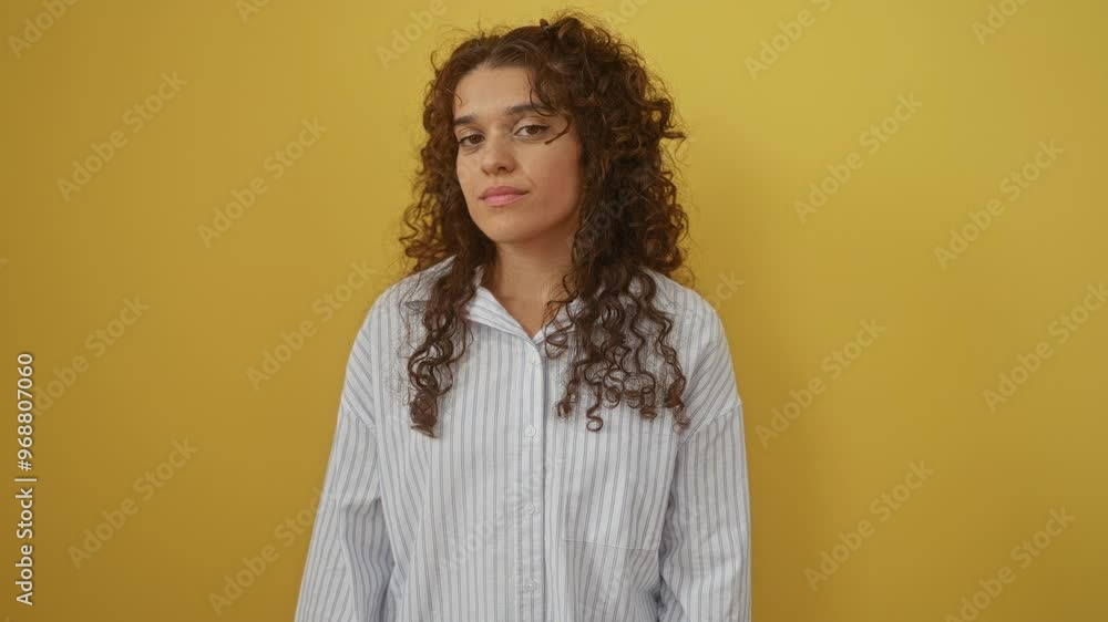 Young hispanic woman wearing a shirt standing with a relaxed and serious expression on her simple natural face, looking at the camera over an isolated yellow background Young hispanic woman wearing a shirt standing with a relaxed and serious expression on her simple natural face, looking at the camera over an isolated yellow background