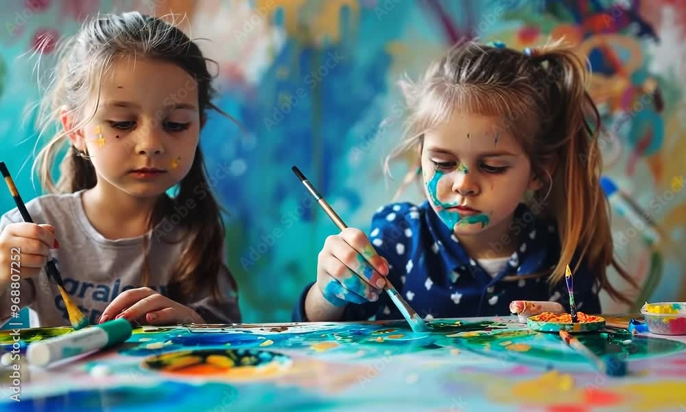 Kids painting for National Brush Day, November 1st, creating vibrant art with paintbrushes, hyperrealistic . Video Kids painting for National Brush Day, November 1st, creating vibrant art with paintbrushes, hyperrealistic . Video