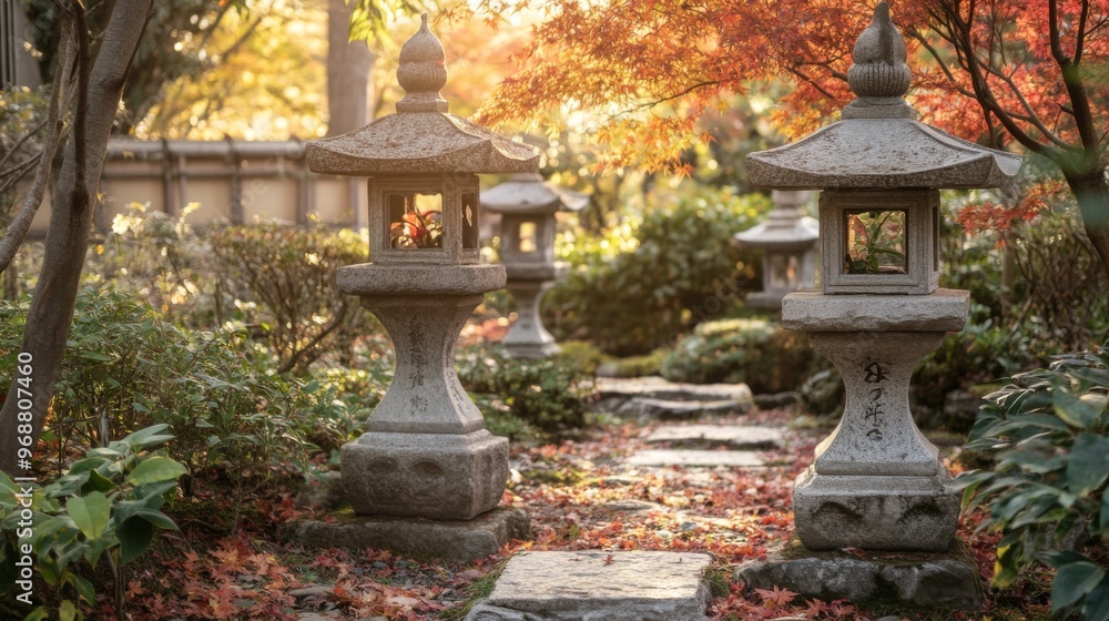 Stone Lanterns in a Japanese Garden with Autumn Leaves Stone Lanterns in a Japanese Garden with Autumn Leaves