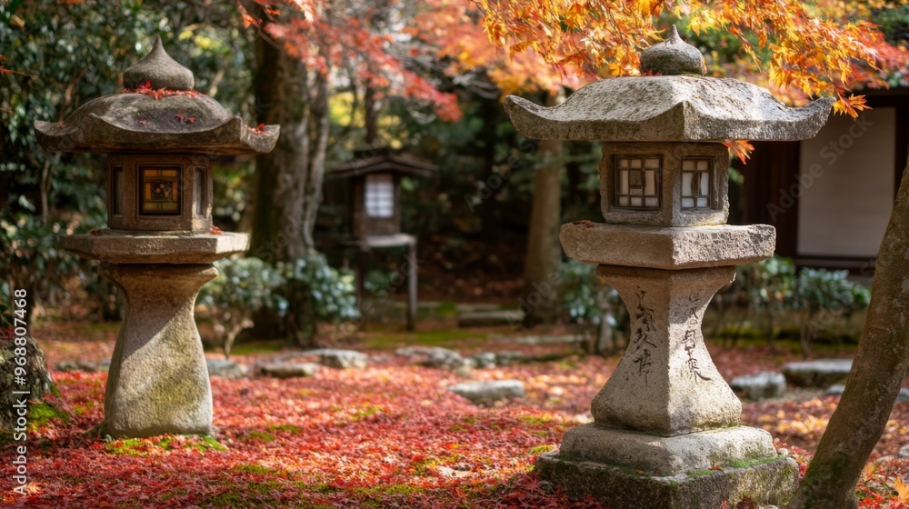 Stone Lanterns Amidst Fallen Autumn Leaves in a Japanese Garden Stone Lanterns Amidst Fallen Autumn Leaves in a Japanese Garden