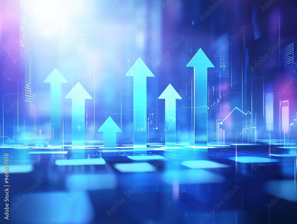 Abstract upward arrows with vibrant blue blocks, clean business growth layout, symbolizing business strategies, with charts and graphs projected in the background Abstract upward arrows with vibrant blue blocks, clean business growth layout, symbolizing business strategies, with charts and graphs projected in the background
