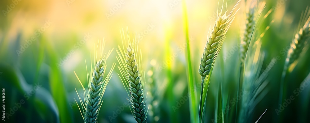 Closeup of Green Wheat Stalks in a Field at Sunset Closeup of Green Wheat Stalks in a Field at Sunset