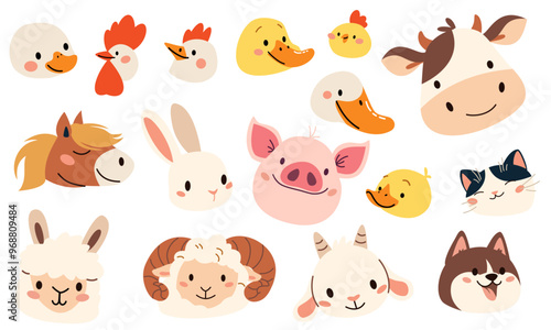 Set of flat vector illustration on white background. The muzzles of the farm's pets. Cow pig lamb sheep sheep horse dog dog cat goose goose duck hen rooster goat. Vector illustration