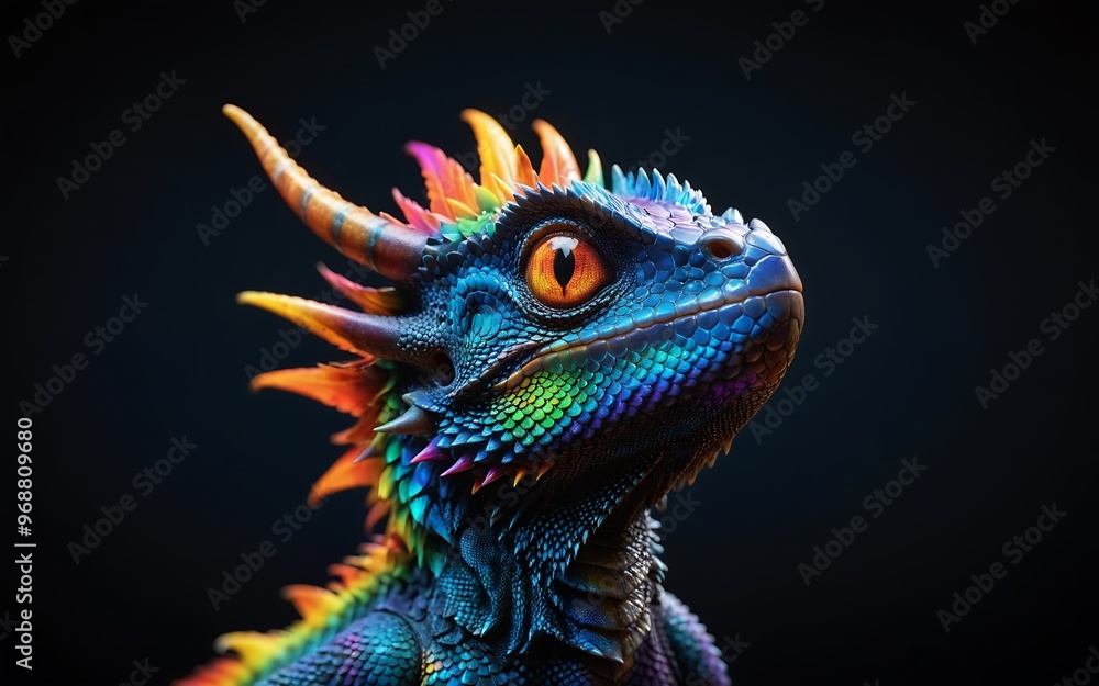 Fototapeta premium A colorful lizard with a rainbow tail and a blue face