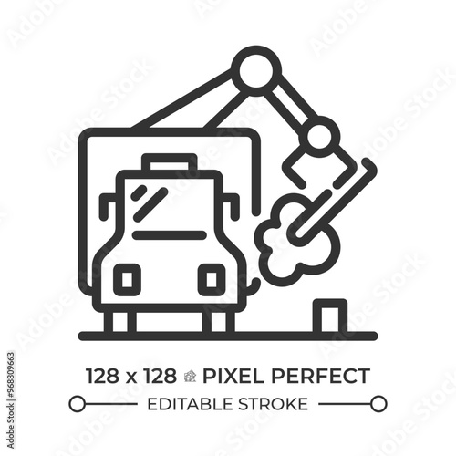 Debris hauling linear icon. Waste management. Garbage truck and tree. Logging and forestry. Public service. Thin line illustration. Contour symbol. Vector outline drawing. Editable stroke