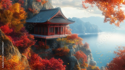 Autumnal Pagoda Perched on a Cliff Overlooking the Sea