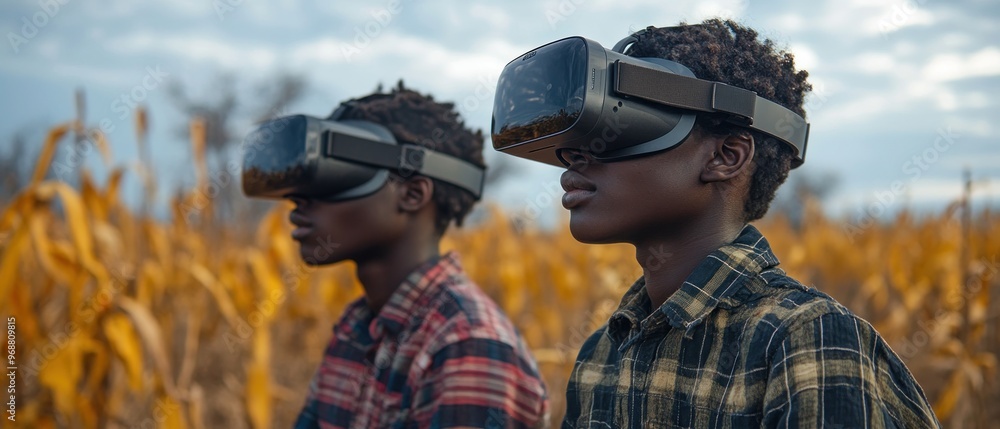 Two young men wearing virtual reality headsets in a cornfield Two young men wearing virtual reality headsets in a cornfield