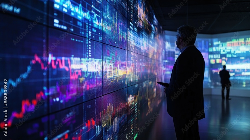 A Man Studying Financial Data on a Wall of Screens A Man Studying Financial Data on a Wall of Screens