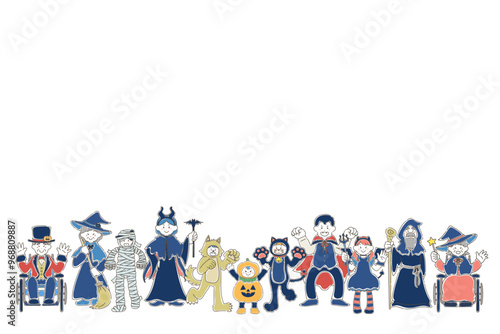 ハロウィンの仮装をしている横並びの多世代の人々のゆるいイラスト（セット）
