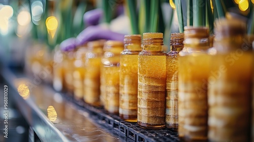 Bottles of sugarcane extract in a lab showcase natural beauty products