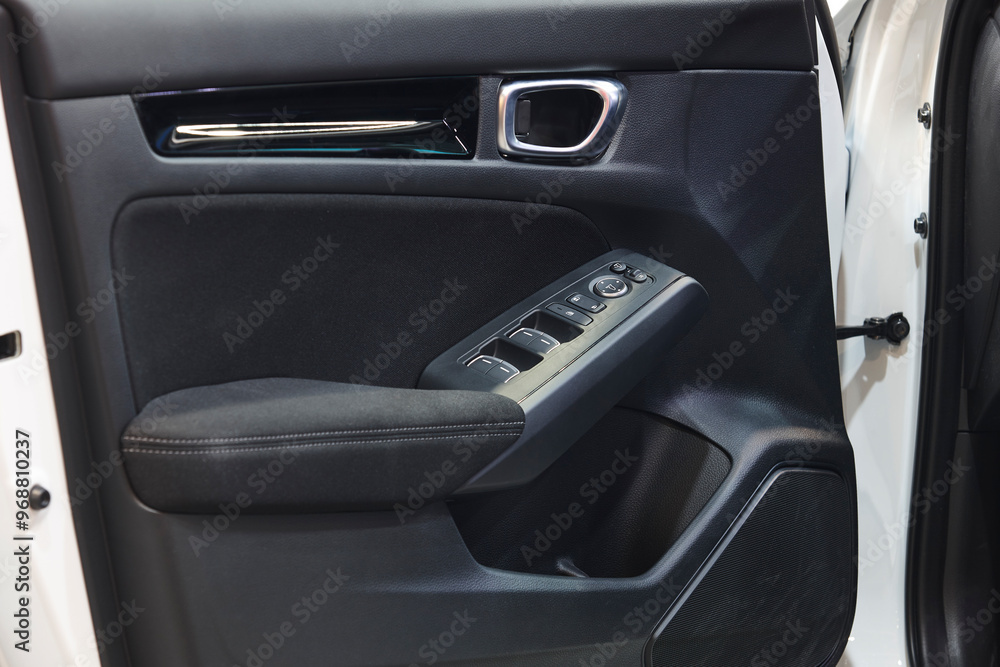 Car interior door panel detail. Door handle and mirror control Car interior door panel detail. Door handle and mirror control