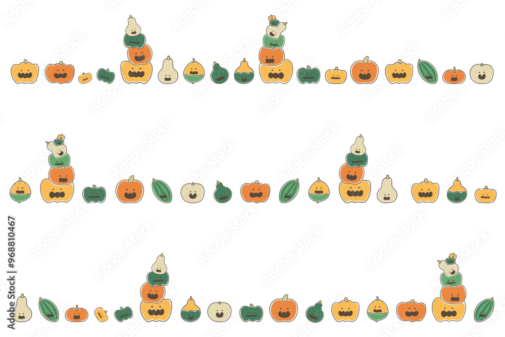 Obraz premium 横に並んだハロウィン用カボチャのゆるいイラスト(セット) 