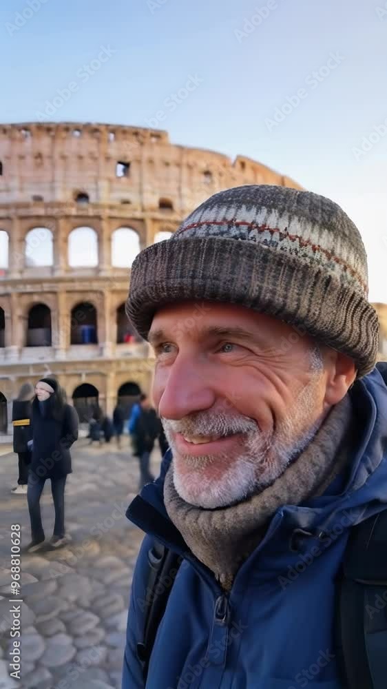 Senior tourist man strolling in Europe on winter vacation. Senior tourist man strolling in Europe on winter vacation.
