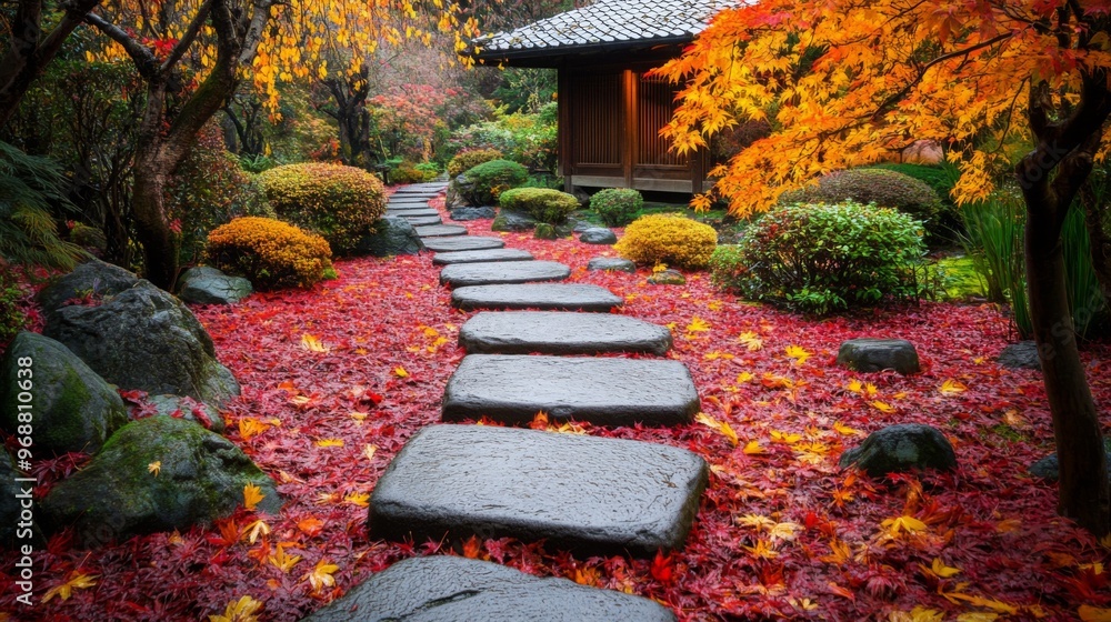 Obraz premium Stone Path Through Autumnal Japanese Garden