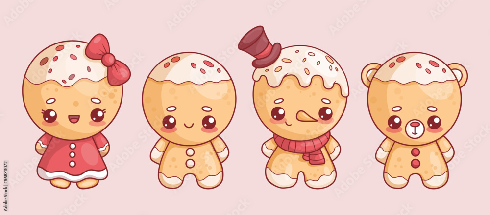Christmas gingerbread man collection. Cute figurines cookie romantic man and girl, snowman and bear with drops of glaze. Isolated traditional holiday sweet kawaii characters. Vector illustration Christmas gingerbread man collection. Cute figurines cookie romantic man and girl, snowman and bear with drops of glaze. Isolated traditional holiday sweet kawaii characters. Vector illustration