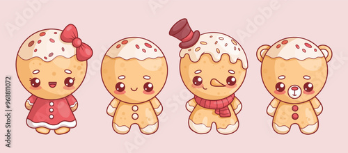 Christmas gingerbread man collection. Cute figurines cookie romantic man and girl, snowman and bear with drops of glaze. Isolated traditional holiday sweet kawaii characters. Vector illustration