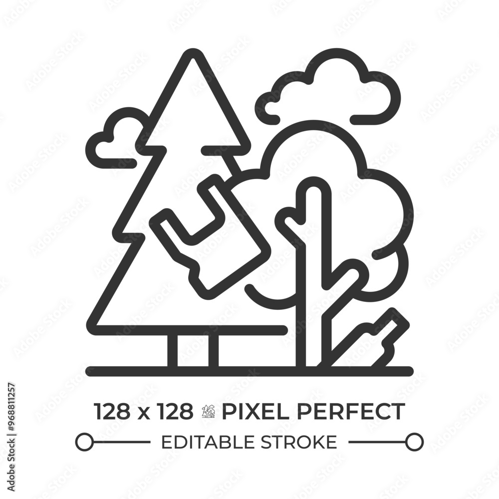 Forest pollution linear icon. Plastic waste. Nature contamination